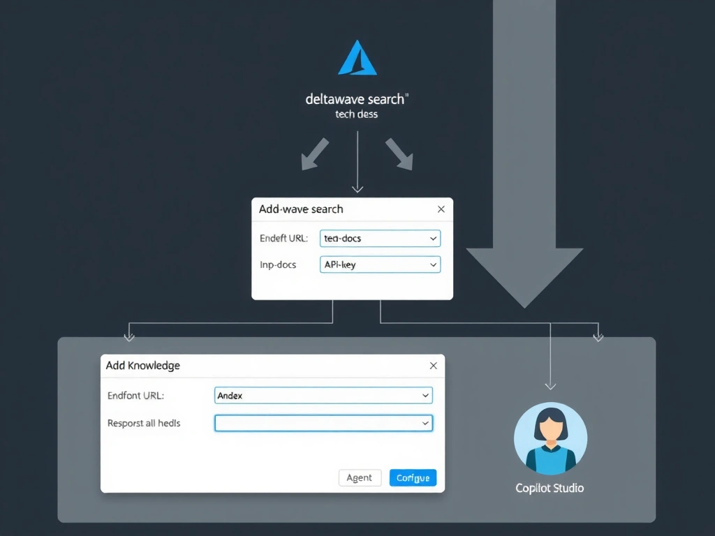 An architecture diagram with three tiers. Top tier: an Azure AI Search resource icon labeled 'deltawave-search' with an index named 'tech-docs'. Middle tier: the Copilot Studio 'Add Knowledge' dialog showing fields for Endpoint URL, Index Name, and API Key, all filled in. Bottom tier: the Copilot Studio agent icon with a 'Knowledge' badge. Arrows flow downward showing configuration, and a separate query/response arrow flows upward at runtime showing how user questions reach the index and results return to the agent.