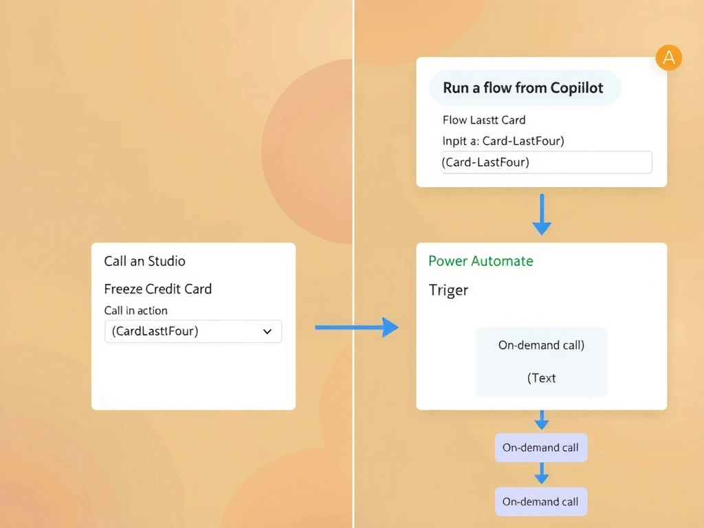 A split diagram. On the left: Copilot Studio agent topic canvas showing a 'Call an action' node labeled 'Freeze Credit Card' with an input slot labeled 'CardLastFour = {lastFourVar}'. On the right: Power Automate flow designer showing the 'Run a flow from Copilot' trigger at the top with a parameter definition panel showing 'CardLastFour (Text)'. A bold arrow labeled 'On-demand call' connects the two sides. The flow continues downward with steps representing the card freeze logic.