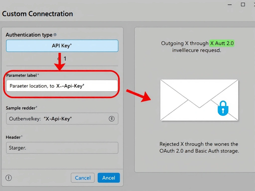 A custom connector security configuration screen diagram. The 'Authentication type' dropdown is highlighted showing 'API Key' selected. Below it, two fields are visible: 'Parameter label' set to 'X-Api-Key' and 'Parameter location' set to 'Header'. On the right side, a sample HTTP request envelope shows the outgoing header 'X-Api-Key: ••••••••' with a lock icon indicating secure storage. A rejected X through the OAuth 2.0 and Basic Auth options is visible for contrast.