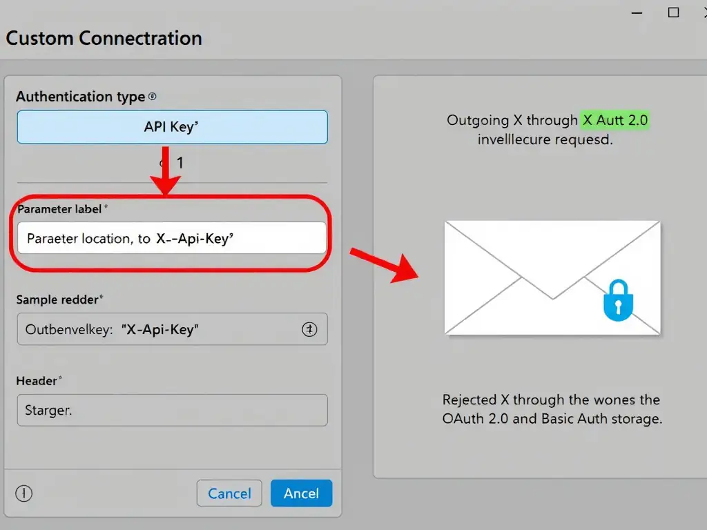 A custom connector security configuration screen diagram. The 'Authentication type' dropdown is highlighted showing 'API Key' selected. Below it, two fields are visible: 'Parameter label' set to 'X-Api-Key' and 'Parameter location' set to 'Header'. On the right side, a sample HTTP request envelope shows the outgoing header 'X-Api-Key: ••••••••' with a lock icon indicating secure storage. A rejected X through the OAuth 2.0 and Basic Auth options is visible for contrast.