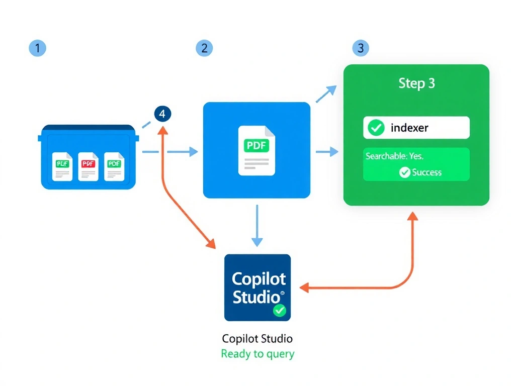 A step-by-step pipeline diagram for Azure AI Search setup. Step 1 shows an Azure Blob Storage container with PDF icons. Step 2 shows an Indexer component extracting text and loading it into Step 3, the Search Index. The index schema panel on the right highlights a field named 'content' with a green 'Searchable: Yes' badge. A success checkmark appears below the indexer labeled 'Last run: Success'. An arrow then flows to the Copilot Studio agent icon labeled 'Ready to query'.