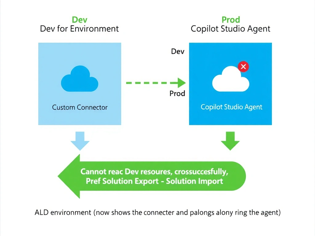 A side-by-side environment diagram. On the left, a 'Dev Environment' box contains a 'Custom Connector' icon and a 'Cloud Flow' icon. On the right, a 'Prod Environment' box contains a 'Copilot Studio Agent' icon with a red 'X' and a dotted cross-environment arrow labeled 'Cannot reach Dev resources'. Below the two environments, a green ALM pipeline arrow points from Dev to Prod with labels 'Solution Export → Solution Import', and the Prod environment now shows the connector and flow successfully alongside the agent.
