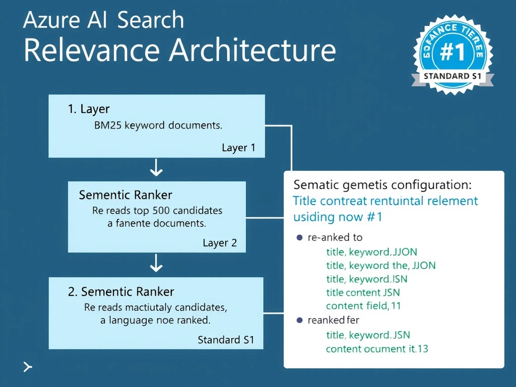 A layered Azure AI Search relevance architecture diagram. Layer 1 at the bottom: 'BM25 keyword retrieval' retrieves top 50 candidate documents. Layer 2: 'Semantic Ranker' re-reads and re-scores the candidates using a language model, shown as a transformer icon. Layer 3 at the top: re-ranked results list showing the most contextually relevant document now ranked #1. A callout box shows the semantic configuration JSON with title, keyword, and content field designations. The service tier badge reads 'Standard S1'.