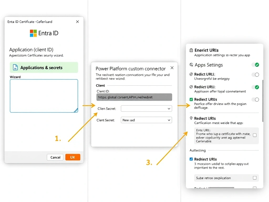 A three-panel diagram. Panel 1: Microsoft Entra ID portal showing an app registration screen with 'Application (client) ID' highlighted and a 'Certificates & secrets' section with a new secret value. Panel 2: Power Platform custom connector security wizard showing fields for Client ID, Client Secret, and a grayed-out 'Redirect URL: https://global.consent.azure-apim.net/redirect' that is displayed but not editable. Panel 3: Entra ID Authentication settings for the app showing the same redirect URL added to the Redirect URIs list with a green checkmark.