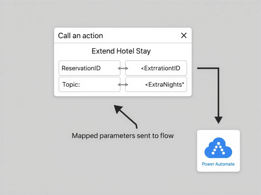 A diagram showing the Copilot Studio 'Call an action' node configuration panel. The node title reads 'Extend Hotel Stay'. Below it, an 'Input parameters' section shows two rows: Row 1 has 'ReservationID' on the left with an arrow pointing to '{Topic.ReservationID}' on the right. Row 2 has 'ExtraNights' on the left with an arrow pointing to '{Topic.ExtraNights}' on the right. Below the node, an arrow labeled 'Mapped parameters sent to flow' points toward a Power Automate flow icon.