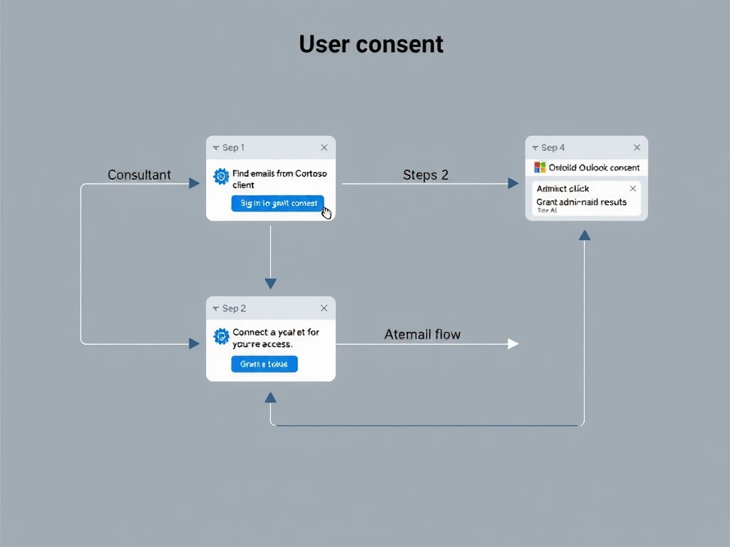 A sequence diagram showing user consent flow. Step 1: A consultant sends a message 'Find emails from Contoso client' to the agent. Step 2: The agent triggers the Outlook Copilot connector, which detects no stored consent. Step 3: The agent displays a consent card in the chat with a 'Sign in to grant access' button. Step 4: The consultant clicks the button and completes the Microsoft sign-in with permission approval (Mail.Read shown). Step 5: The connector stores the token and returns email results. An alternative branch shows an admin clicking 'Grant admin consent' in Entra ID, bypassing steps 3-4 for all users.