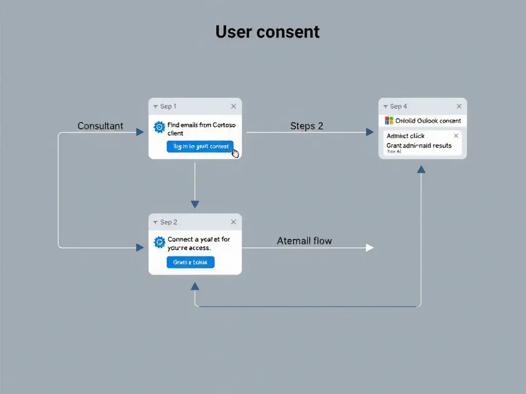 A sequence diagram showing user consent flow. Step 1: A consultant sends a message 'Find emails from Contoso client' to the agent. Step 2: The agent triggers the Outlook Copilot connector, which detects no stored consent. Step 3: The agent displays a consent card in the chat with a 'Sign in to grant access' button. Step 4: The consultant clicks the button and completes the Microsoft sign-in with permission approval (Mail.Read shown). Step 5: The connector stores the token and returns email results. An alternative branch shows an admin clicking 'Grant admin consent' in Entra ID, bypassing steps 3-4 for all users.