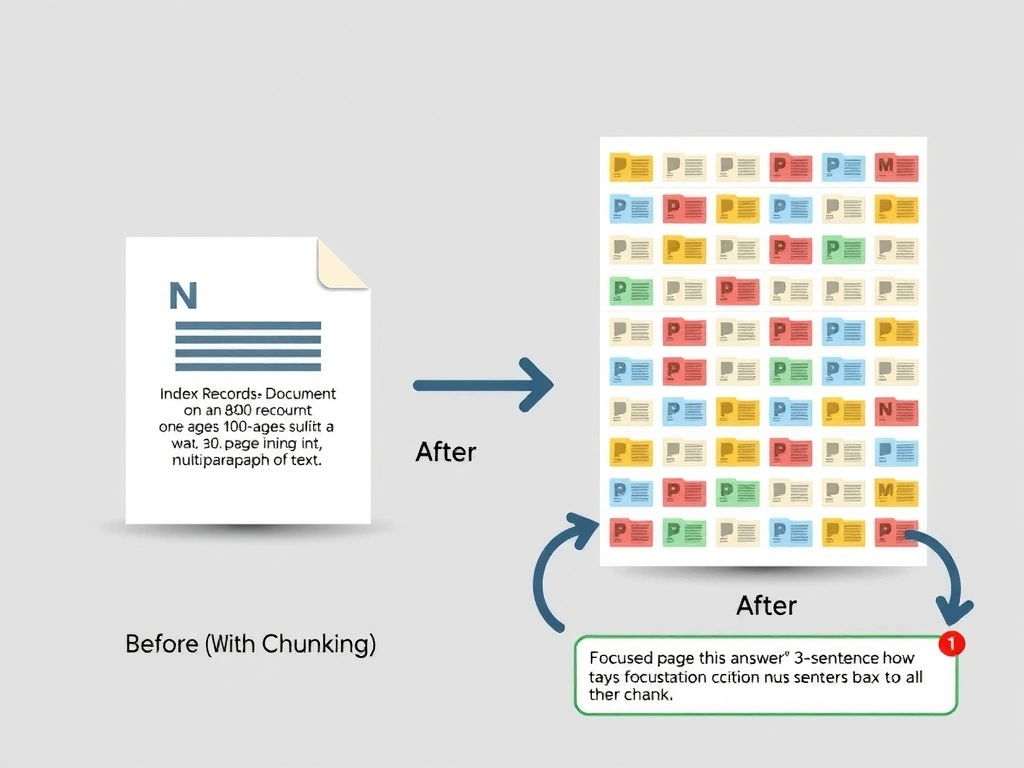 A before-and-after diagram. Left side labeled 'Before (No Chunking)': one large index record icon representing an 800-page document. An arrow points to the agent returning a vague, multi-paragraph blob of text. Right side labeled 'After (With Chunking)': the same 800-page document split into many small chunk icons (each labeled with page ranges like 'pp. 1-3', 'pp. 2-4' with overlap indicated). An arrow points to the agent returning a focused 3-sentence answer with a citation badge showing the specific chunk.