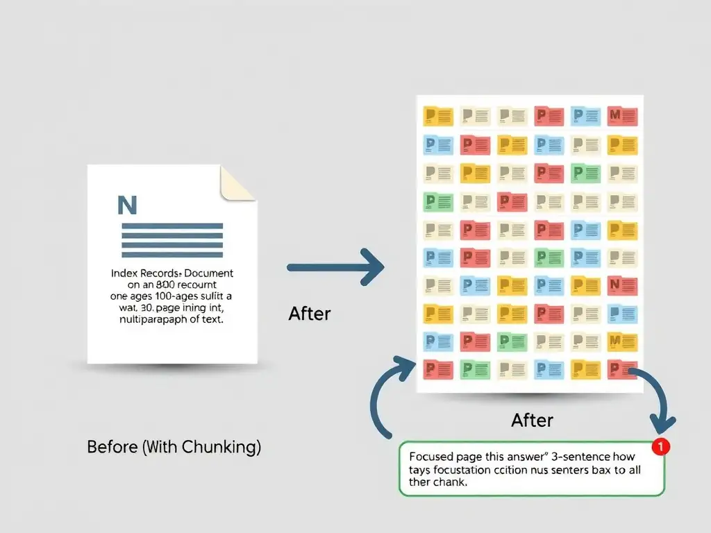 A before-and-after diagram. Left side labeled 'Before (No Chunking)': one large index record icon representing an 800-page document. An arrow points to the agent returning a vague, multi-paragraph blob of text. Right side labeled 'After (With Chunking)': the same 800-page document split into many small chunk icons (each labeled with page ranges like 'pp. 1-3', 'pp. 2-4' with overlap indicated). An arrow points to the agent returning a focused 3-sentence answer with a citation badge showing the specific chunk.