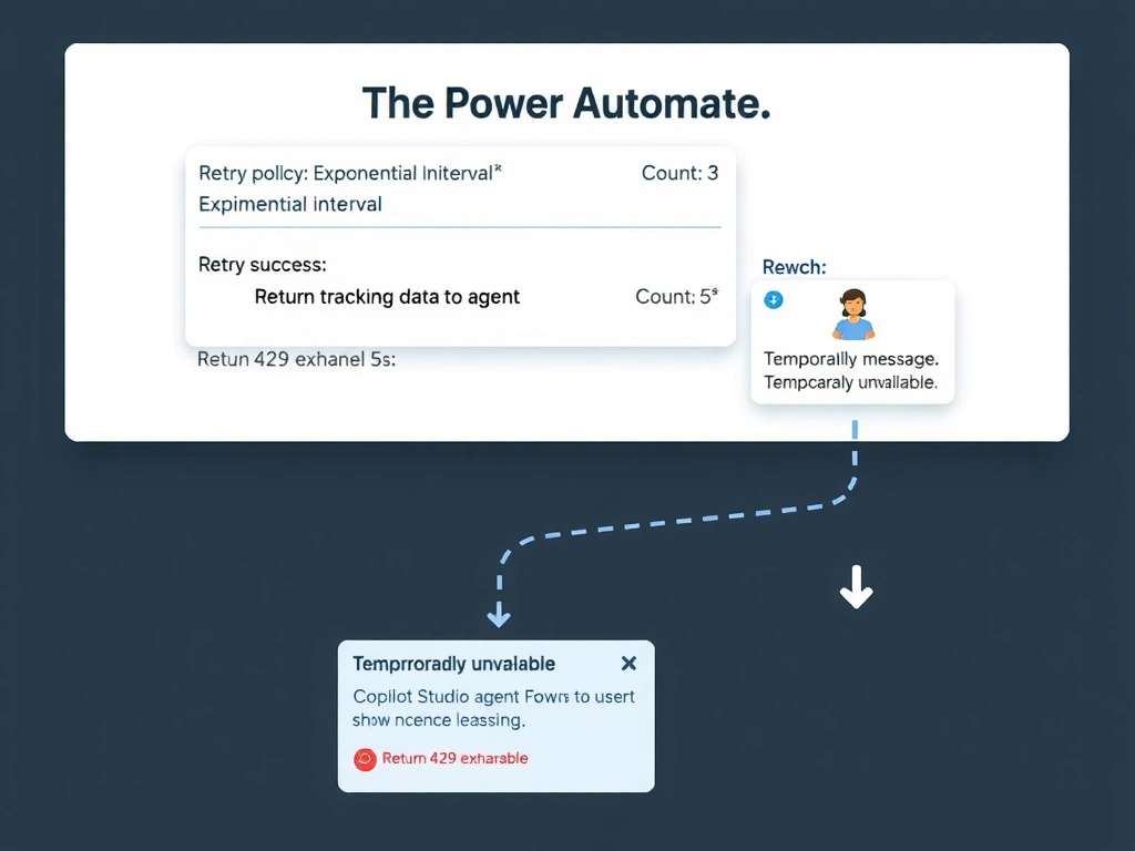A Power Automate flow diagram. A connector action node labeled 'Get Shipment Tracking' shows a retry configuration panel with 'Retry policy: Exponential interval', 'Count: 3', and 'Minimum interval: 5s'. Below it, a branching path: 'Success' branch leads to 'Return tracking data to agent'; 'Failed (429 exhausted)' branch leads to a 'Return error message' step with the text 'Temporarily unavailable'. An arrow from the error step points back to the Copilot Studio agent showing a friendly message to the user.