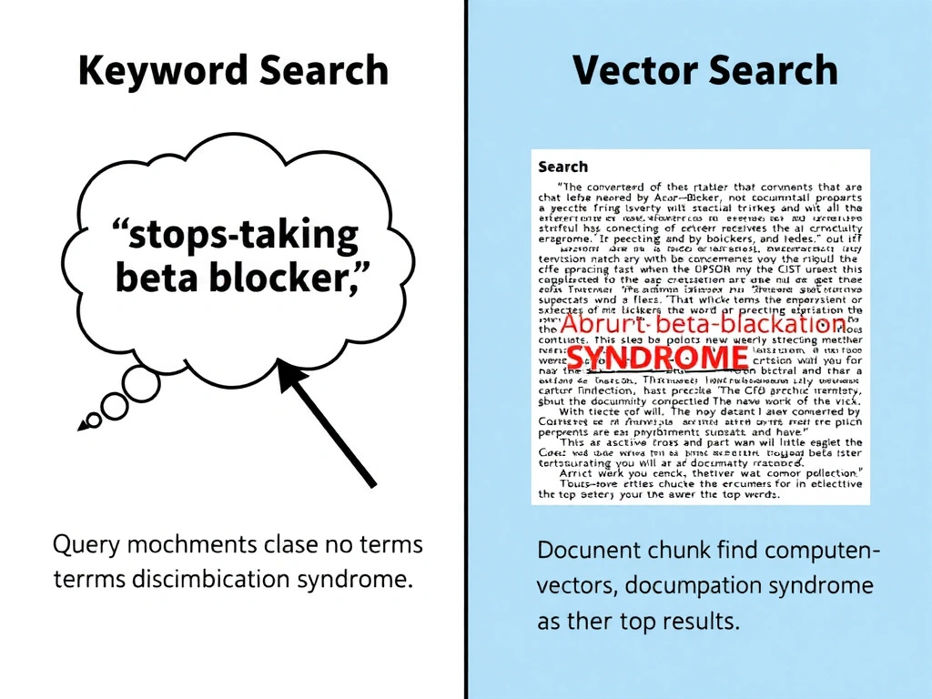A side-by-side comparison diagram. Left panel 'Keyword Search': a query bubble 'stops taking beta blocker' points at a search index. Zero matching documents are shown because no terms overlap with 'abrupt discontinuation syndrome'. Right panel 'Vector Search': the same query is converted by an Azure OpenAI embedding model into a vector (shown as a dense array of numbers). The index contains pre-computed vectors for each document chunk. A similarity calculation finds the document chunk about 'abrupt beta-blocker discontinuation syndrome' as the top result despite zero shared words.