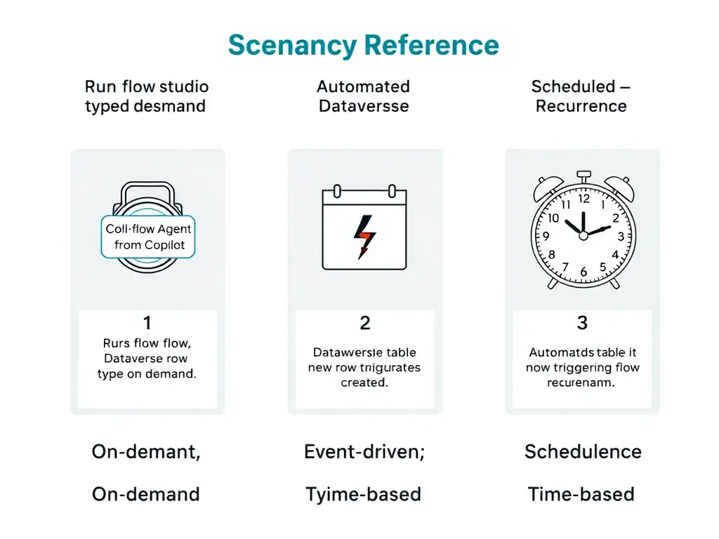 A three-column reference diagram. Column 1 labeled 'Instant — Run a flow from Copilot': shows a Copilot Studio agent icon calling a flow with typed parameters on demand. Column 2 labeled 'Automated — Dataverse row created': shows a Dataverse table with a new row triggering the flow icon with a lightning bolt. Column 3 labeled 'Scheduled — Recurrence': shows a clock face at midnight triggering the flow on a calendar icon. Each column has a scenario description card below it. A legend at the bottom summarizes: On-demand, Event-driven, Time-based.