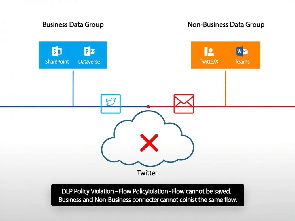 A Power Platform DLP policy diagram. A horizontal line divides the screen into 'Business Data Group' (top, blue) and 'Non-Business Data Group' (bottom, orange). In the Business group: SharePoint, Dataverse, and Teams connector icons. In the Non-Business group: Twitter/X, Facebook, and personal Gmail icons. In the center, a cloud flow diagram attempts to use SharePoint (above the line) and Twitter (below the line). A large red X and 'DLP Policy Violation — Flow cannot be saved' error banner overlays the flow. A caption explains: 'Business and Non-Business connectors cannot coexist in the same flow.'