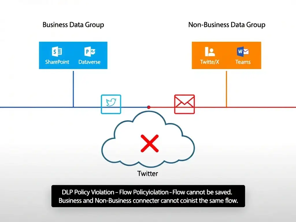 A Power Platform DLP policy diagram. A horizontal line divides the screen into 'Business Data Group' (top, blue) and 'Non-Business Data Group' (bottom, orange). In the Business group: SharePoint, Dataverse, and Teams connector icons. In the Non-Business group: Twitter/X, Facebook, and personal Gmail icons. In the center, a cloud flow diagram attempts to use SharePoint (above the line) and Twitter (below the line). A large red X and 'DLP Policy Violation — Flow cannot be saved' error banner overlays the flow. A caption explains: 'Business and Non-Business connectors cannot coexist in the same flow.'