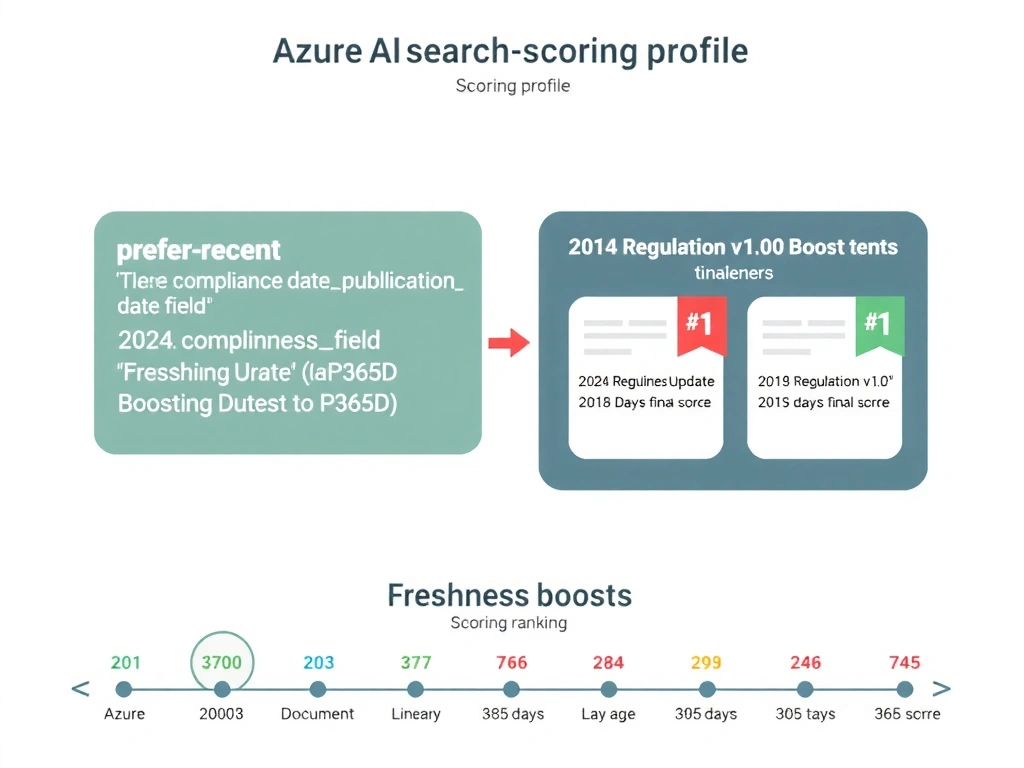 An Azure AI Search scoring profile configuration diagram. A JSON panel on the left shows a scoring profile named 'prefer-recent' with a 'freshness' function applied to the 'publicationdate' field, boostingDuration set to 'P365D', and boost value of 5. On the right, a search results ranking visual shows two documents: '2024 Compliance Update' ranked #1 with a freshness boost badge, and '2018 Regulation v1.0' ranked #2 with a lower final score. A timeline below shows the freshness boost decaying linearly from 365 days ago to older documents.