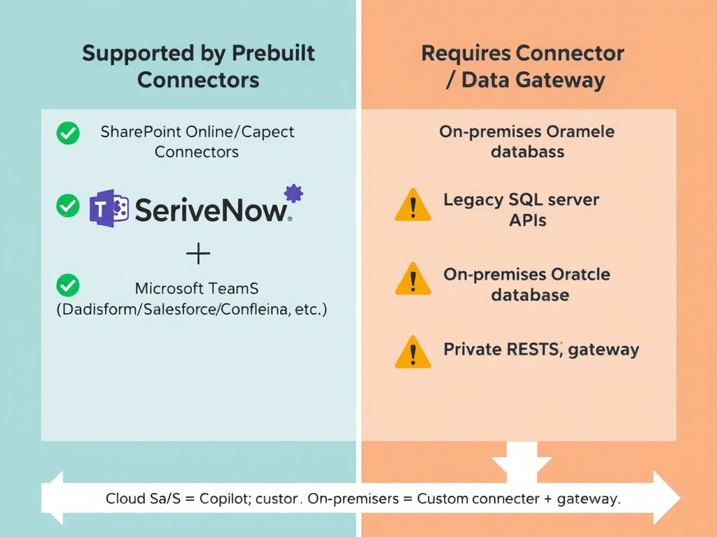 A two-column categorization chart. Left column labeled 'Supported by Prebuilt Copilot Connectors' (green checkmarks): SharePoint Online icon, Microsoft Teams/Graph icon, ServiceNow icon, and a row labeled 'Additional SaaS platforms (Salesforce, Confluence, etc.)'. Right column labeled 'Requires Custom Connector / Data Gateway' (orange warning icons): On-premises Oracle database icon, legacy SQL server icon, private REST APIs. An arrow at the bottom explains 'Cloud SaaS = Copilot connector | On-premises/custom = Custom connector + gateway'.