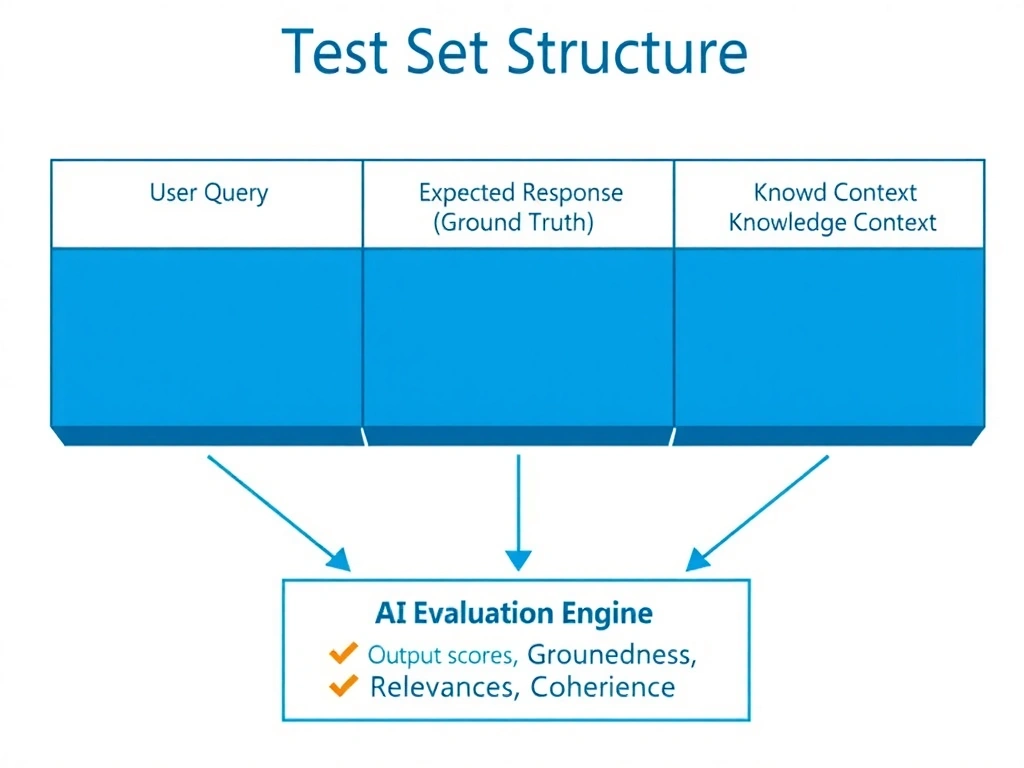 A technical infographic showing a three-column table labeled 'Test Set Structure' with columns: 'User Query', 'Expected Response (Ground Truth)', and 'Knowledge Context'. Below the table, arrows point from each column into an 'AI Evaluation Engine' box, which outputs scores for Groundedness, Relevance, and Coherence. A checkmark highlights the three required fields. Color scheme: Microsoft blue and white, clean enterprise style.