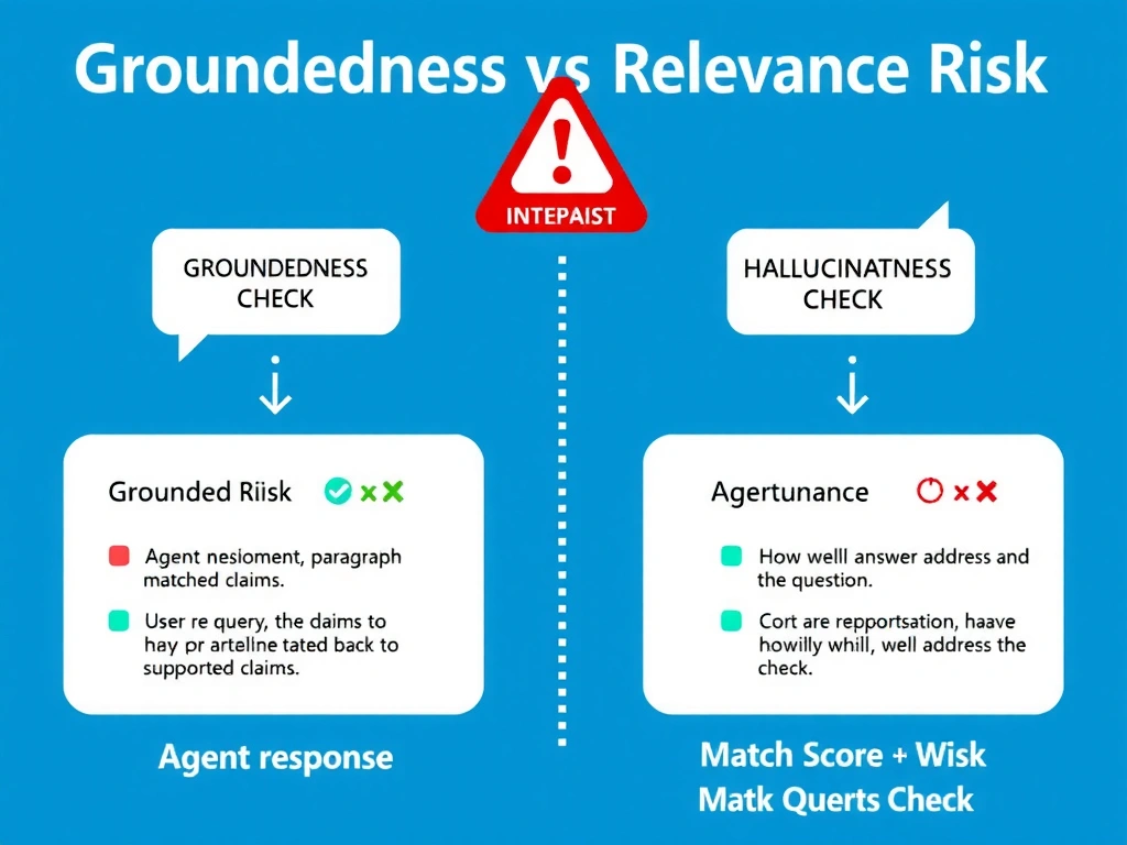 A split-panel technical diagram comparing Groundedness vs Relevance evaluation. Left panel shows 'Groundedness Check': agent response with arrows pointing back to source document paragraphs, with a checkmark for matched claims and an X for unsupported claims. Right panel shows 'Relevance Check': user query and agent response with a match score showing how well the answer addresses the question. A large red warning badge labeled 'Hallucination Risk' sits above the Groundedness panel. Clean enterprise style, Microsoft blue palette.
