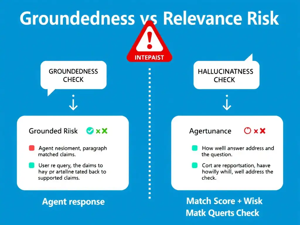 A split-panel technical diagram comparing Groundedness vs Relevance evaluation. Left panel shows 'Groundedness Check': agent response with arrows pointing back to source document paragraphs, with a checkmark for matched claims and an X for unsupported claims. Right panel shows 'Relevance Check': user query and agent response with a match score showing how well the answer addresses the question. A large red warning badge labeled 'Hallucination Risk' sits above the Groundedness panel. Clean enterprise style, Microsoft blue palette.