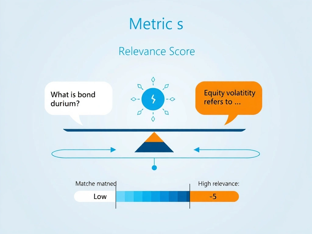 A technical diagram showing the Relevance metric in AI evaluation. Center: a scale/balance icon labeled 'Relevance Score'. On the left pan: a user query bubble ('What is bond duration?'). On the right pan: an agent response bubble ('Equity volatility refers to...'). The scale tips showing low balance. Below: a scoring bar from 0-5 with a low marker. Contrast with a second diagram showing a matched query and response for high relevance. Microsoft blue and orange palette, clean infographic style.