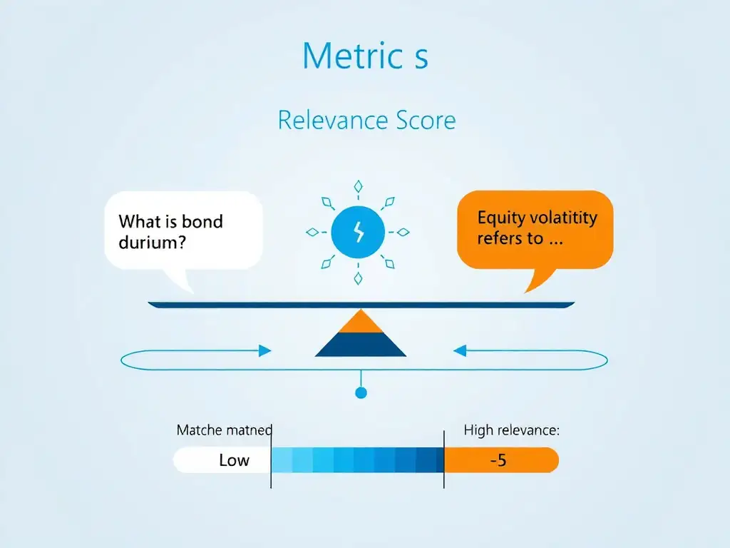 A technical diagram showing the Relevance metric in AI evaluation. Center: a scale/balance icon labeled 'Relevance Score'. On the left pan: a user query bubble ('What is bond duration?'). On the right pan: an agent response bubble ('Equity volatility refers to...'). The scale tips showing low balance. Below: a scoring bar from 0-5 with a low marker. Contrast with a second diagram showing a matched query and response for high relevance. Microsoft blue and orange palette, clean infographic style.