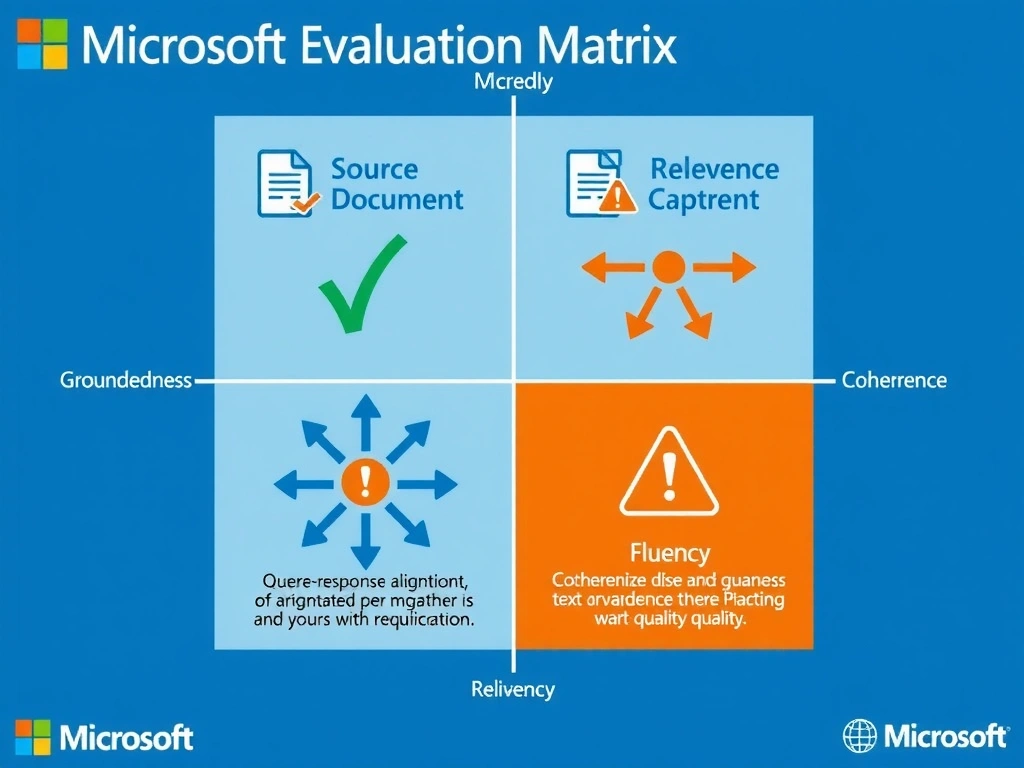 A four-quadrant evaluation matrix infographic. Each quadrant shows a different metric with an icon: Groundedness (source document with checkmark), Relevance (query-response alignment arrows), Coherence (flow diagram with broken arrows indicating disorganization), and Fluency (grammar/text quality icon). The Coherence quadrant is highlighted in orange with a warning icon. Below each quadrant is a brief one-line definition. Microsoft blue and orange, clean enterprise style with subtle grid lines.