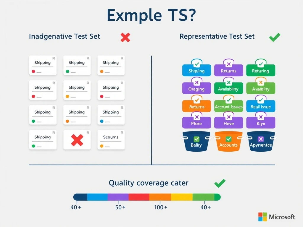 An infographic showing two contrasting test set examples side by side. Left side labeled 'Inadequate Test Set' shows 8 identical-looking question cards all tagged 'Shipping', with a red X. Right side labeled 'Representative Test Set' shows 40+ cards spread across four color-coded buckets: Shipping (blue), Returns (orange), Product Availability (green), Account Issues (purple), with a green checkmark. Below both sides: a quality meter showing low vs high coverage scores. Clean Microsoft enterprise style.