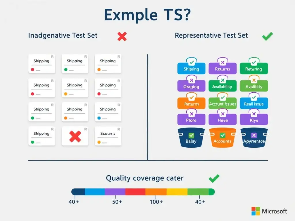 An infographic showing two contrasting test set examples side by side. Left side labeled 'Inadequate Test Set' shows 8 identical-looking question cards all tagged 'Shipping', with a red X. Right side labeled 'Representative Test Set' shows 40+ cards spread across four color-coded buckets: Shipping (blue), Returns (orange), Product Availability (green), Account Issues (purple), with a green checkmark. Below both sides: a quality meter showing low vs high coverage scores. Clean Microsoft enterprise style.