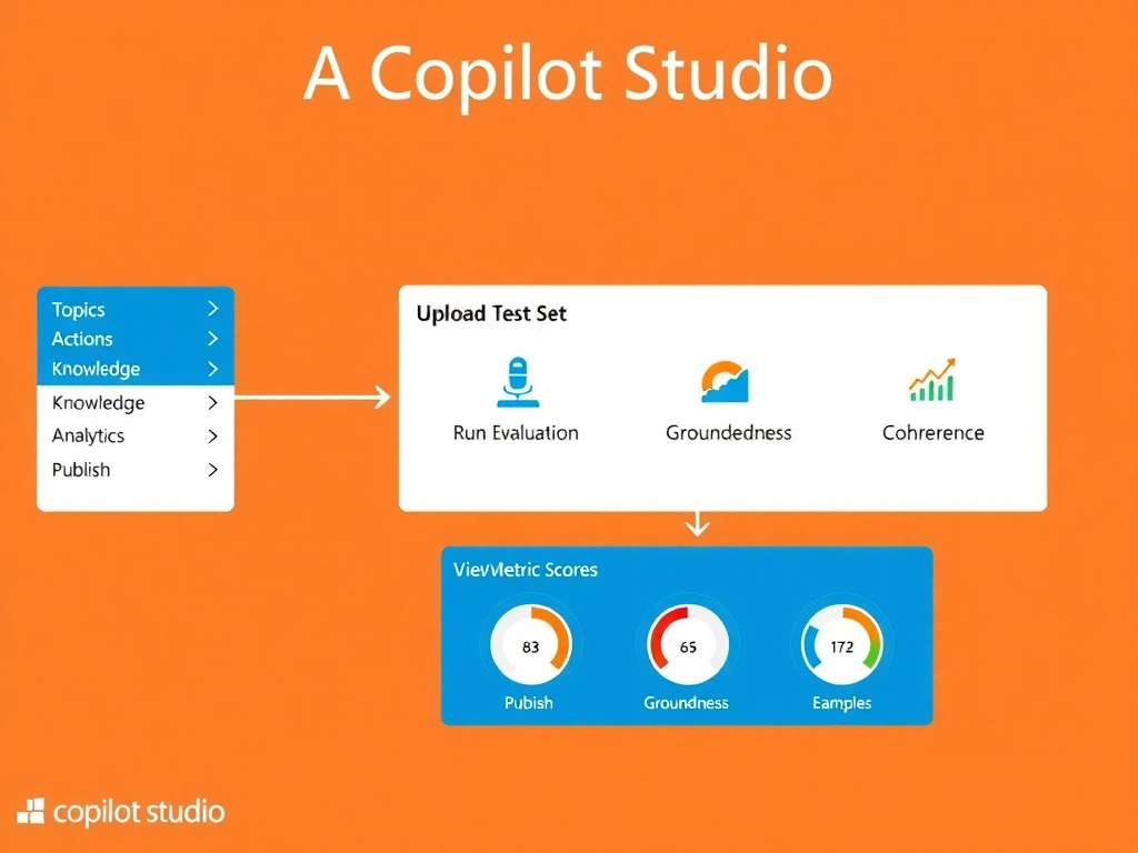 A Copilot Studio interface navigation map infographic. Shows the left sidebar with labeled sections: Topics, Actions, Knowledge, Analytics, Evaluation (highlighted in blue), Publish. From the Evaluation section, arrows lead to three sub-steps: 'Upload Test Set', 'Run Evaluation', 'View Metric Scores'. The metric scores box displays three circular gauges labeled Groundedness, Relevance, Coherence with example scores. Clean enterprise UI mockup style, Microsoft blue theme.