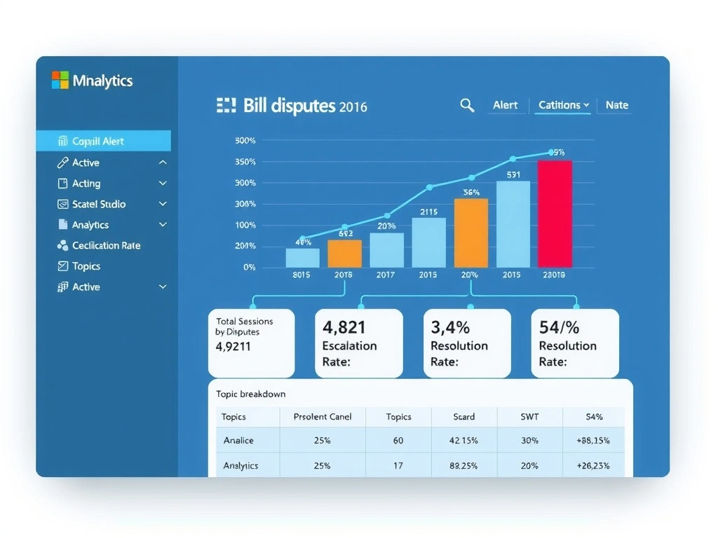 A Copilot Studio Analytics dashboard mockup infographic. Shows a bar chart of topics by escalation rate with 'Bill Disputes' bar highlighted in red as the highest. Below the chart: three KPI tiles showing 'Total Sessions: 4,821', 'Escalation Rate: 34%', 'Resolution Rate: 58%'. A topic breakdown table lists 5 topics with their rates. Left sidebar highlights the Analytics section active in the nav. Clean enterprise dashboard style, Microsoft blue and red alert colors.