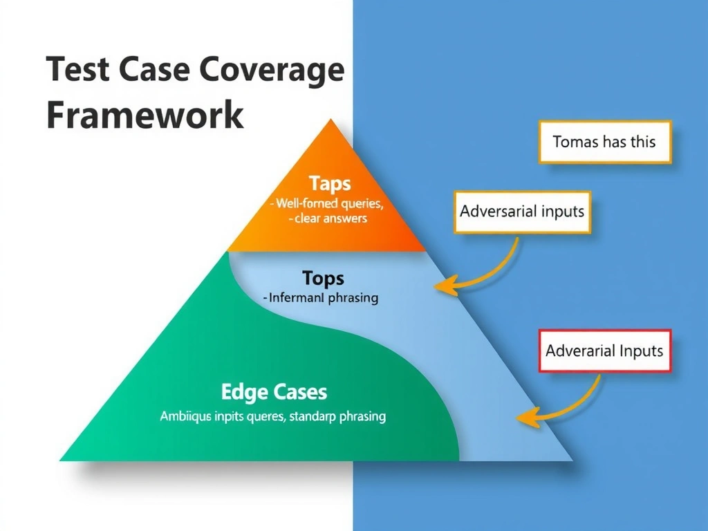 A three-tier pyramid infographic labeled 'Test Case Coverage Framework'. Bottom tier (largest): 'Happy Path — Well-formed queries, clear answers, standard phrasing' (shown in green). Middle tier: 'Edge Cases — Ambiguous inputs, multi-topic queries, informal phrasing' (shown in orange). Top tier (smallest): 'Adversarial Inputs — Unauthorized requests, prompt injection attempts, boundary testing' (shown in red). Arrows on the right show 'Tomas has this' pointing to bottom and 'MISSING' labels pointing to middle and top. Clean enterprise infographic, Microsoft palette.