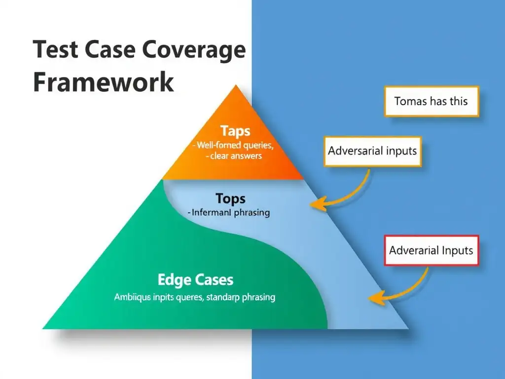 A three-tier pyramid infographic labeled 'Test Case Coverage Framework'. Bottom tier (largest): 'Happy Path — Well-formed queries, clear answers, standard phrasing' (shown in green). Middle tier: 'Edge Cases — Ambiguous inputs, multi-topic queries, informal phrasing' (shown in orange). Top tier (smallest): 'Adversarial Inputs — Unauthorized requests, prompt injection attempts, boundary testing' (shown in red). Arrows on the right show 'Tomas has this' pointing to bottom and 'MISSING' labels pointing to middle and top. Clean enterprise infographic, Microsoft palette.