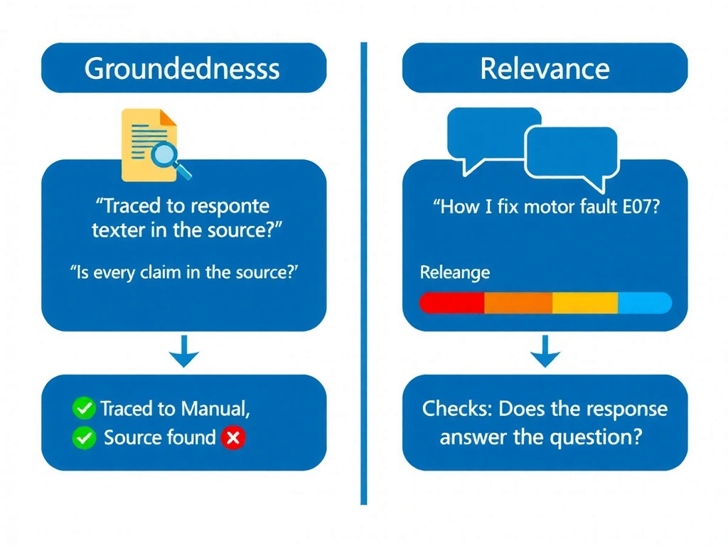 A two-column comparison infographic. Left column titled 'Groundedness' with icon of a source document and a magnifying glass. Shows agent response text with each sentence marked as either 'Traced to Manual' (green checkmark) or 'No Source Found' (red X). Caption: 'Checks: Is every claim in the source?' Right column titled 'Relevance' with icon of a query bubble and response bubble with an alignment arrow. Shows query 'How do I fix motor fault E07?' and response with a relevance score bar. Caption: 'Checks: Does the response answer the question?' Microsoft blue and orange, clean enterprise infographic style.