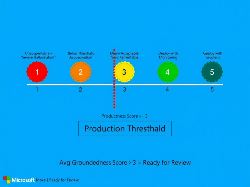 A horizontal quality scale infographic from 1 to 5. Each point on the scale shows a color-coded badge: 1 (red) = 'Unacceptable — Severe Hallucination', 2 (orange) = 'Below Threshold — Needs Remediation', 3 (yellow-green) = 'Minimum Acceptable — Deploy with Monitoring', 4 (green) = 'Good Quality', 5 (dark green) = 'Excellent — Fully Grounded'. A vertical red dashed line between 2 and 3 labeled 'Production Threshold'. Below the scale: a formula box showing 'Avg Groundedness Score ≥ 3 = Ready for Review'. Microsoft blue palette with status colors.