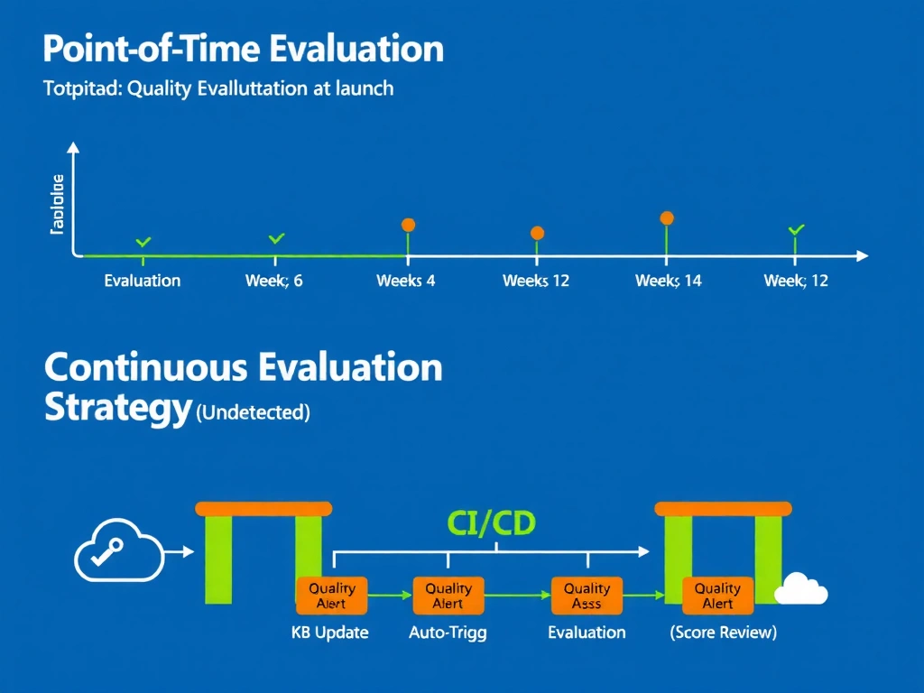 A timeline infographic showing two contrasting approaches. Top row labeled 'Point-in-Time Evaluation': a single green evaluation checkpoint at launch, then a long gap with red quality decay markers at weeks 4, 8, 12, labeled 'Quality Degradation Undetected'. Bottom row labeled 'Continuous Evaluation Strategy': recurring evaluation checkpoints at each knowledge base update (weekly), each showing a green quality pass gate with an orange alert on any regression. A CI/CD pipeline icon connects 'KB Update' to 'Auto-Trigger Evaluation' to 'Score Review'. Microsoft blue and green palette, clean enterprise style.
