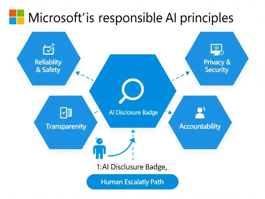 A clean infographic showing Microsoft's six responsible AI principles as hexagonal tiles: Fairness, Reliability & Safety, Privacy & Security, Inclusiveness, Transparency, and Accountability. The Transparency tile is highlighted in blue with a magnifying glass icon. Below it, two sub-elements are shown: (1) 'AI Disclosure Badge' with a robot icon, and (2) 'Human Escalation Path' with a person icon and upward arrow. Background is white with Microsoft blue accents.