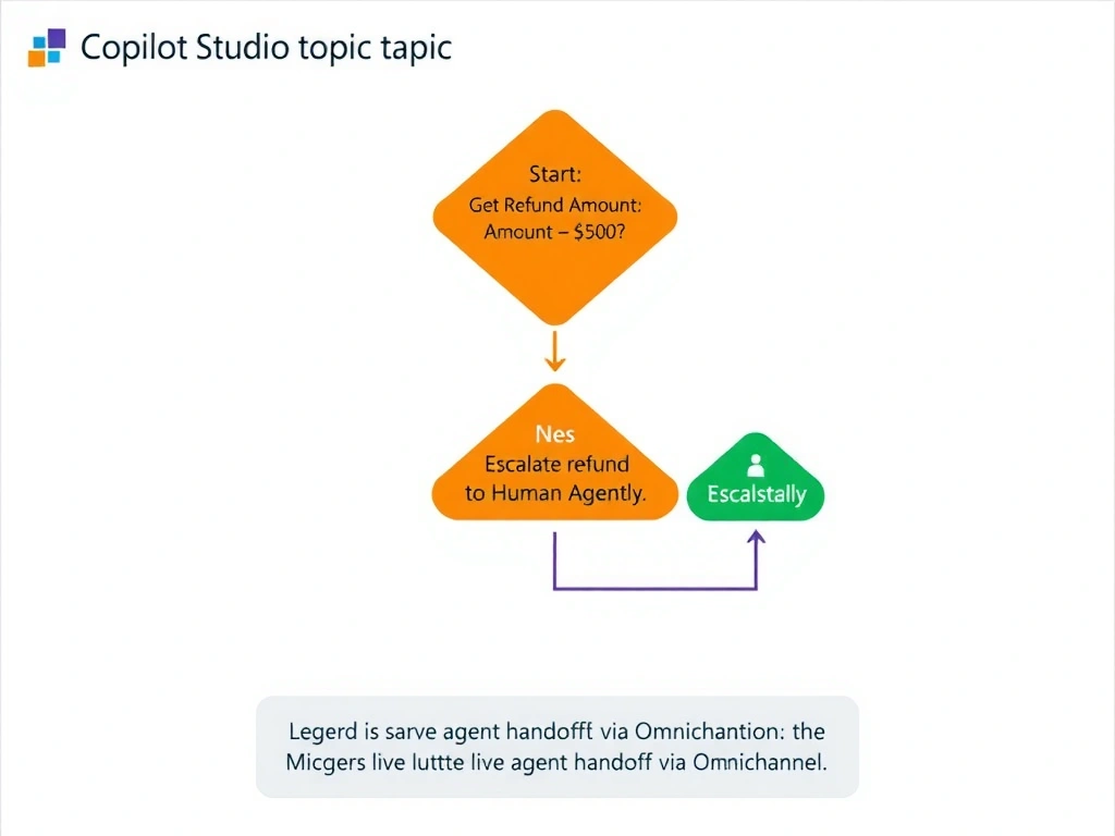 A Copilot Studio topic flow diagram. Start node leads to 'Get Refund Amount' node, then a diamond-shaped condition node asking 'Amount > $500?'. The 'Yes' branch leads to an orange 'Escalate to Human Agent' node with a person icon. The 'No' branch leads to a green 'Process Refund Automatically' node. Below the diagram, a legend explains the escalate node's behavior: triggers live agent handoff via Omnichannel. Clean white background with Microsoft purple and blue accent colors.