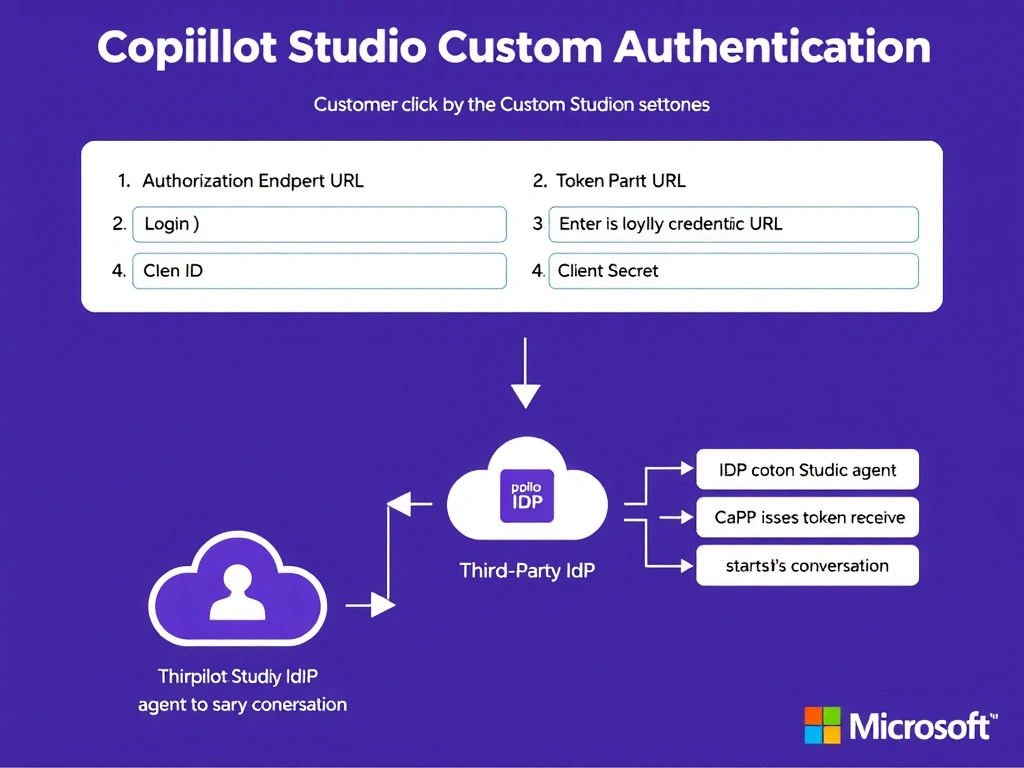 A step-by-step configuration infographic for Copilot Studio Custom Authentication. Shows four labeled input fields in a settings panel: (1) Authorization Endpoint URL, (2) Token Endpoint URL, (3) Client ID, (4) Client Secret. A flow below shows: Customer clicks Login → redirected to Third-Party IdP → enters loyalty credentials → IdP issues token → Copilot Studio agent receives token and starts conversation. A 'Third-Party IdP' cloud icon is shown with a custom logo. Microsoft purple color scheme.