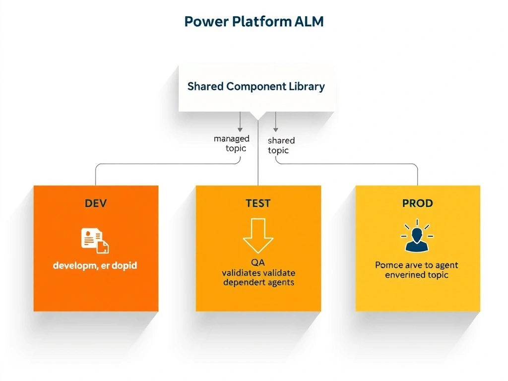 An environment pipeline diagram showing three boxes left to right: DEV, TEST, PROD. A 'Shared Component Library' sits above with a downward arrow labeled 'Managed Solution Export.' In DEV, a developer edits a shared topic. An export arrow goes to TEST where QA validates dependent agents. A promote arrow goes to PROD. Each environment has a Copilot Studio agent icon showing the inherited topic. Power Platform ALM label at the top. Clean enterprise architecture style.