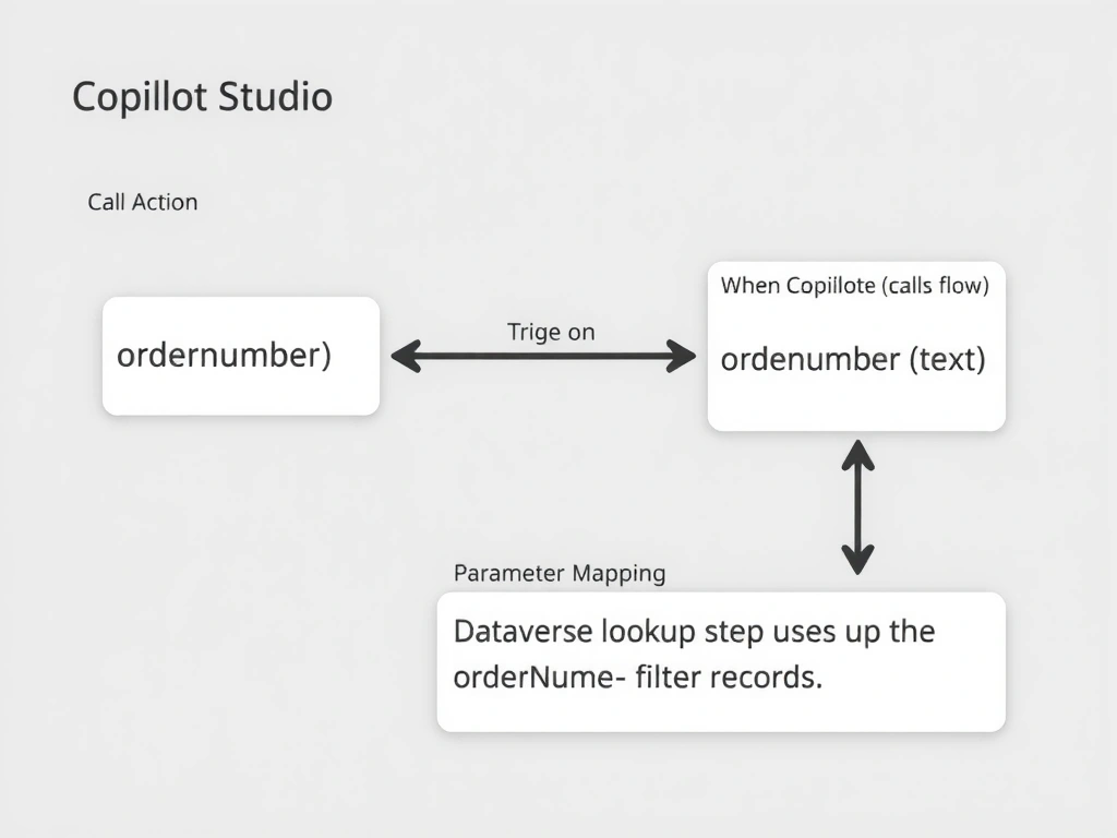 A two-part diagram. Left side shows a Copilot Studio topic flow with a 'Call Action' node. The node has two labeled arrows: one input arrow labeled 'orderNumber (variable)' pointing right. Right side shows a Power Automate flow with a 'When Copilot calls flow' trigger box showing an input parameter field 'orderNumber (text).' An arrow labeled 'Parameter Mapping' connects the two. Below the flow, a Dataverse lookup step uses the orderNumber to filter records. Clean technical diagram style.