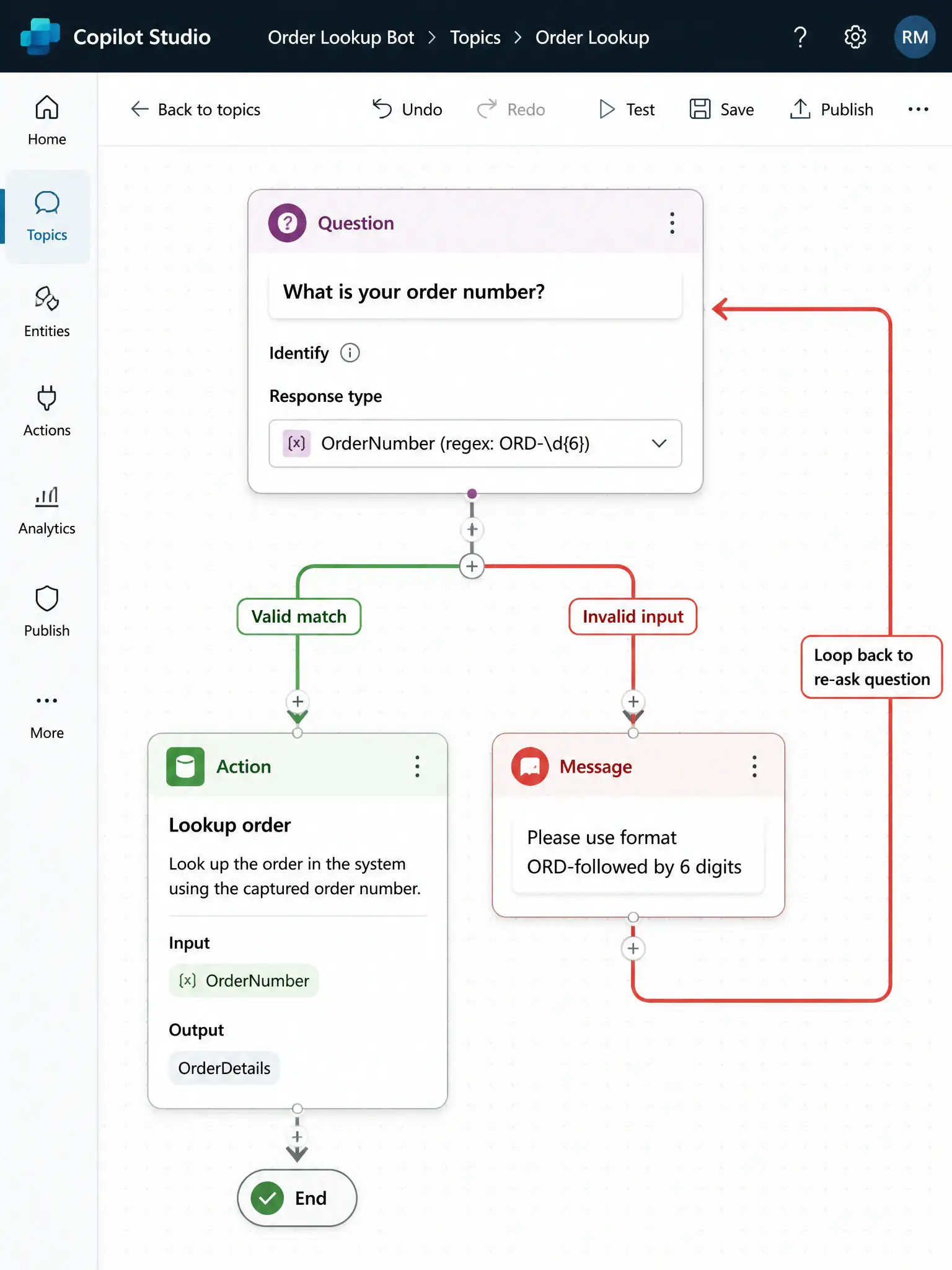 A 1536x2048 portrait infographic. A Copilot Studio topic designer showing a Question node labeled 'What is your order number?' with a response type dropdown showing a custom entity 'OrderNumber (regex: ORD-\d{6})' selected. Below, two branches: a 'Valid match' path (green) leading to the order lookup action, and an 'Invalid input' path (red) that loops back to re-ask the question with the message 'Please use format ORD-followed by 6 digits'. The loop arrow is clearly visible.