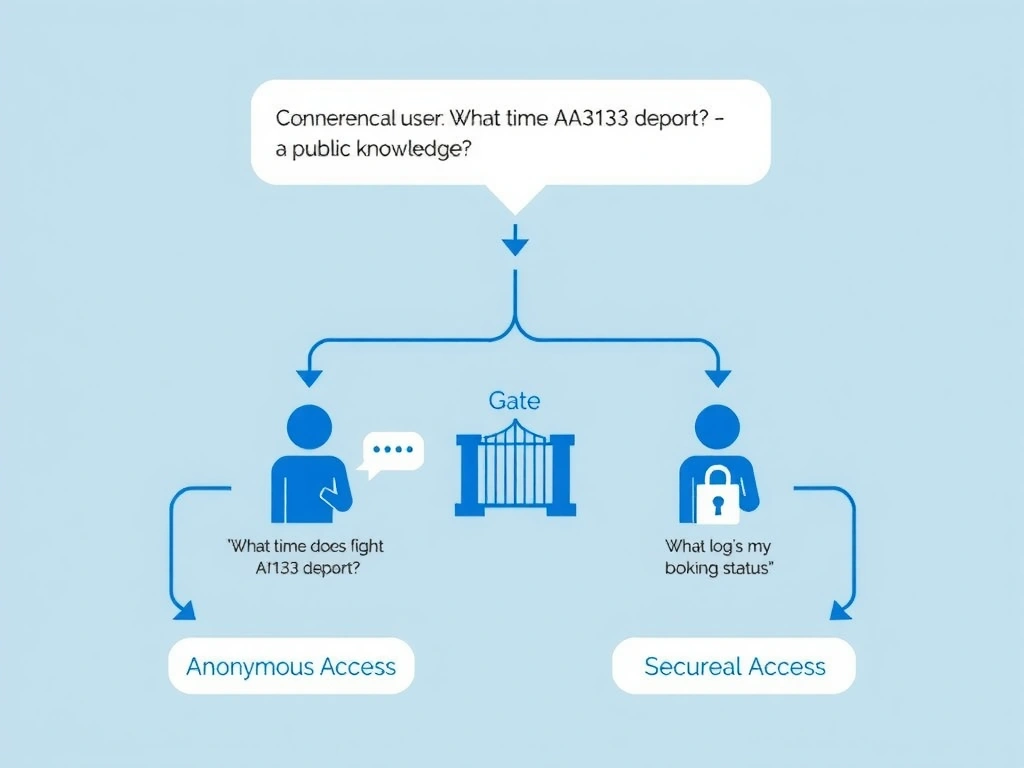 A conversation flow diagram for an external agent showing two paths. Top path: anonymous user asks 'What time does flight AA123 depart?' → agent answers from public knowledge (no lock icon). Bottom path: user asks 'What is my booking status?' → agent shows an authentication prompt card → user logs in with their airline account → agent retrieves booking data. A 'Gate' icon in the middle shows the authentication trigger point. Labels: 'Anonymous Access' and 'Secured Access.' Blue and gray color scheme.