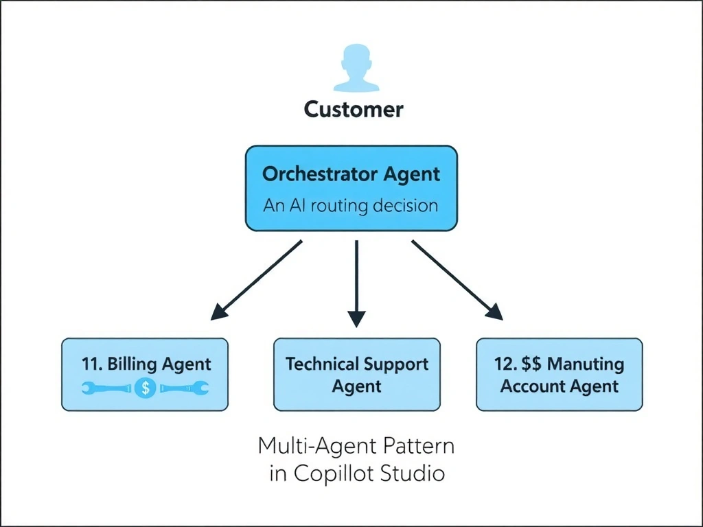 A multi-agent architecture diagram. At the top, a 'Customer' icon sends a message. Below is the 'Orchestrator Agent' box with an AI routing decision node. Three arrows radiate downward to three 'Specialist Agent' boxes: (1) Billing Agent with dollar sign icon, (2) Technical Support Agent with wrench icon, (3) Account Management Agent with person icon. Return arrows show responses flowing back through the orchestrator to the customer. The diagram is labeled 'Multi-Agent Pattern in Copilot Studio.'
