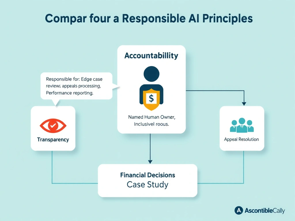An infographic comparing four responsible AI principles with icons. Center focus: Accountability principle shown as a person icon with a shield labeled 'Named Human Owner.' A callout shows: 'Responsible for: Edge case reviews, Appeals processing, Performance reporting.' Three smaller tiles at the edges show Transparency (eye icon), Reliability (checkmark icon), and Inclusiveness (group icon) as comparisons. A 'Financial Decisions' case study box shows the accountability chain: AI Decision → Human Review → Appeal Resolution.