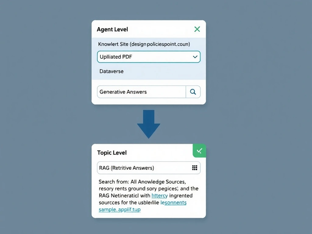 A two-level architecture diagram. Top level labeled 'Agent Level' shows a 'Knowledge Sources' panel listing: SharePoint Site (design-policies.sharepoint.com), Uploaded PDF, Dataverse. Bottom level labeled 'Topic Level' shows a 'Generative Answers' node with a dropdown set to 'Search from: All Knowledge Sources.' An arrow labeled 'RAG (Retrieval-Augmented Generation)' connects the knowledge sources to the node. A sample answer box shows a grounded response with a citation link. Clean Copilot Studio UI style.