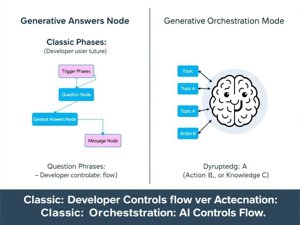A side-by-side comparison diagram. Left side labeled 'Generative Answers Node (Classic Topic)' shows a linear topic flow with: Trigger Phrases → Question Node → [Generative Answers Node highlighted in blue] → Message Node. Developer controls the structure. Right side labeled 'Generative Orchestration Mode' shows user message entering an AI brain icon that dynamically routes to Topic A, Action B, or Knowledge C. Label below: 'Classic: Developer Controls Flow | Orchestration: AI Controls Flow.'