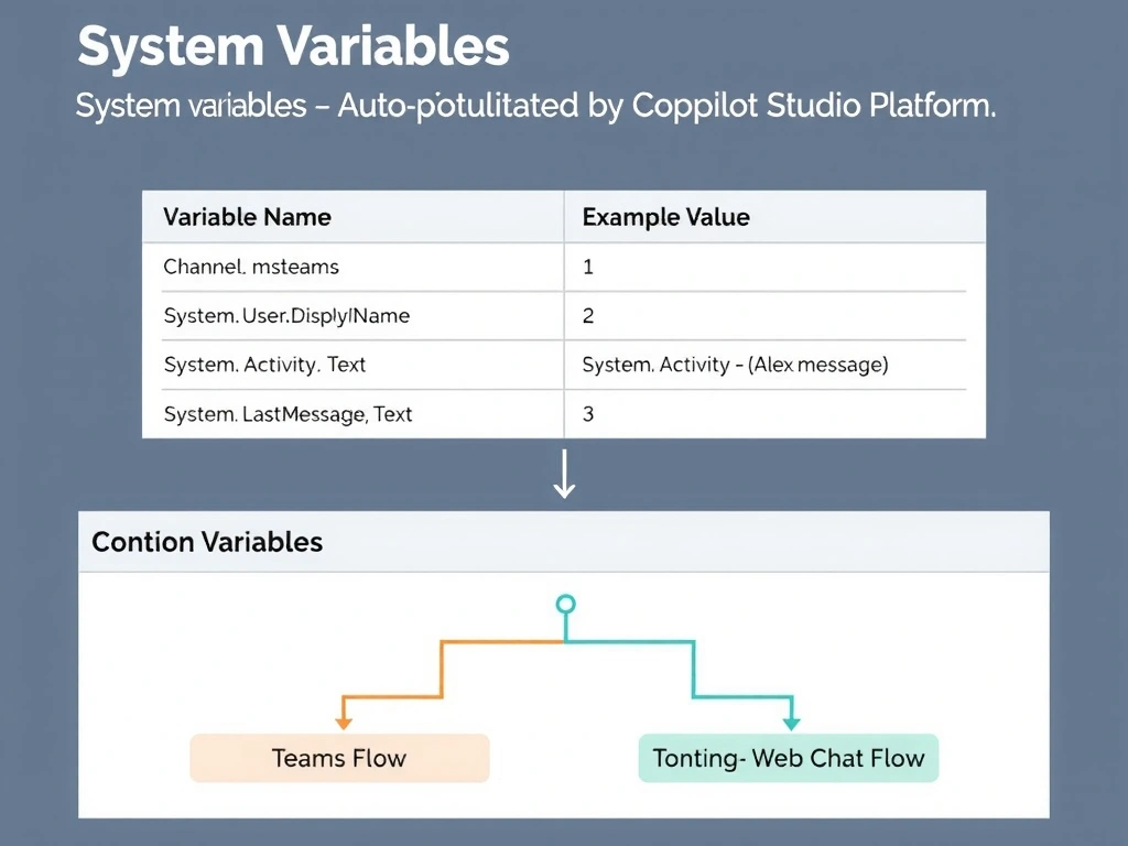 A Copilot Studio system variables reference card. Shows a table with two columns: 'Variable Name' and 'Example Value.' Rows: System.Channel = msteams | System.User.DisplayName = Alex Johnson | System.Activity.Text = (user message) | System.LastMessage.Text = (previous message). Below the table, a conditional branch diagram shows System.Channel branching to 'Teams Flow' and 'Web Chat Flow.' Header: 'System Variables — Auto-populated by Copilot Studio Platform.'