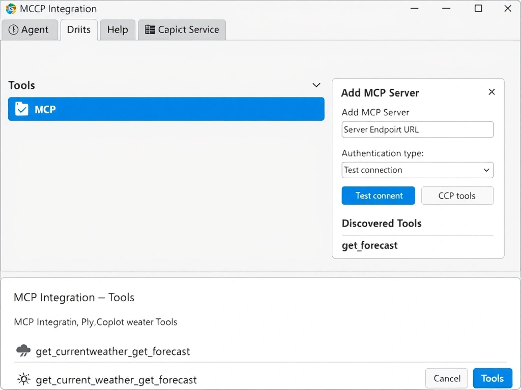 A Copilot Studio interface mockup showing the 'Tools' section of the agent settings. A list shows two existing tools and an 'Add MCP Server' button highlighted in blue. A configuration panel on the right shows fields: 'MCP Server Endpoint URL,' 'Authentication type,' and 'Test connection' button. Below the configuration panel, a 'Discovered Tools' section shows the weather service MCP tools listed: getcurrentweather, getforecast. Label: 'MCP Integration — Tools Settings in Copilot Studio.'