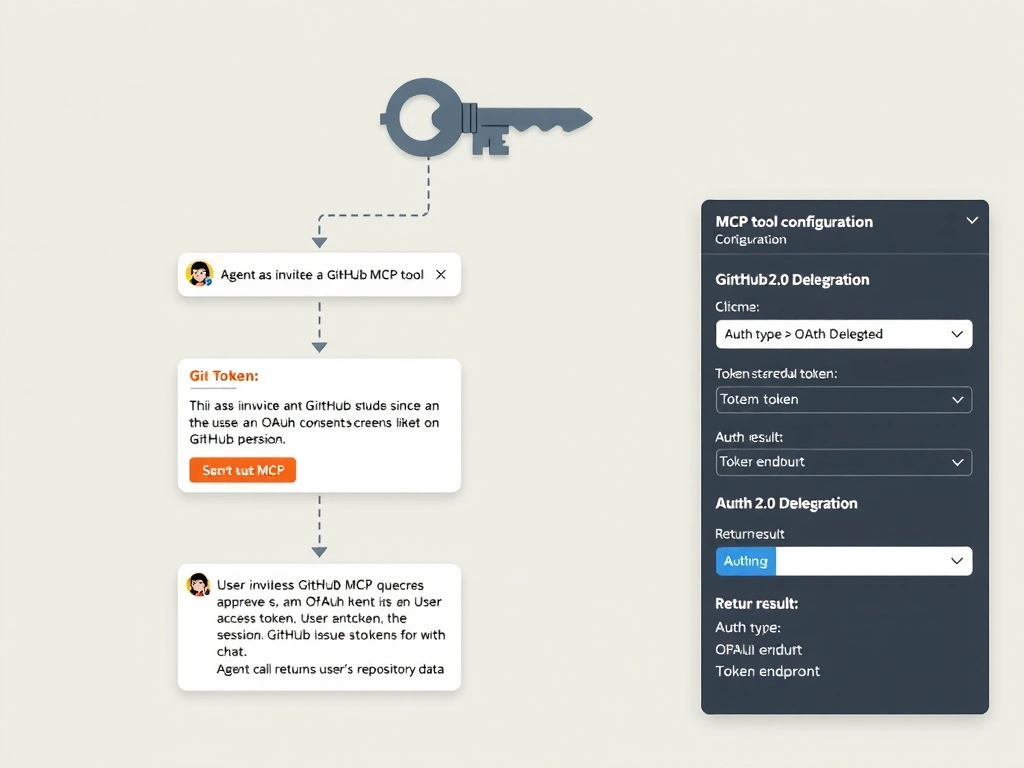 A flow diagram for MCP OAuth authentication. User asks agent a GitHub question. Agent invokes GitHub MCP tool. Since no token exists, an OAuth consent screen appears (GitHub branded). User approves. GitHub issues access token. Token stored for session. Agent calls GitHub MCP with token. GitHub returns user's repository data. Return result shown in chat. A key icon with 'OAuth 2.0 Delegated' label sits above the flow. Side panel shows the MCP tool configuration fields: Auth type = OAuth, Auth endpoint, Token endpoint.