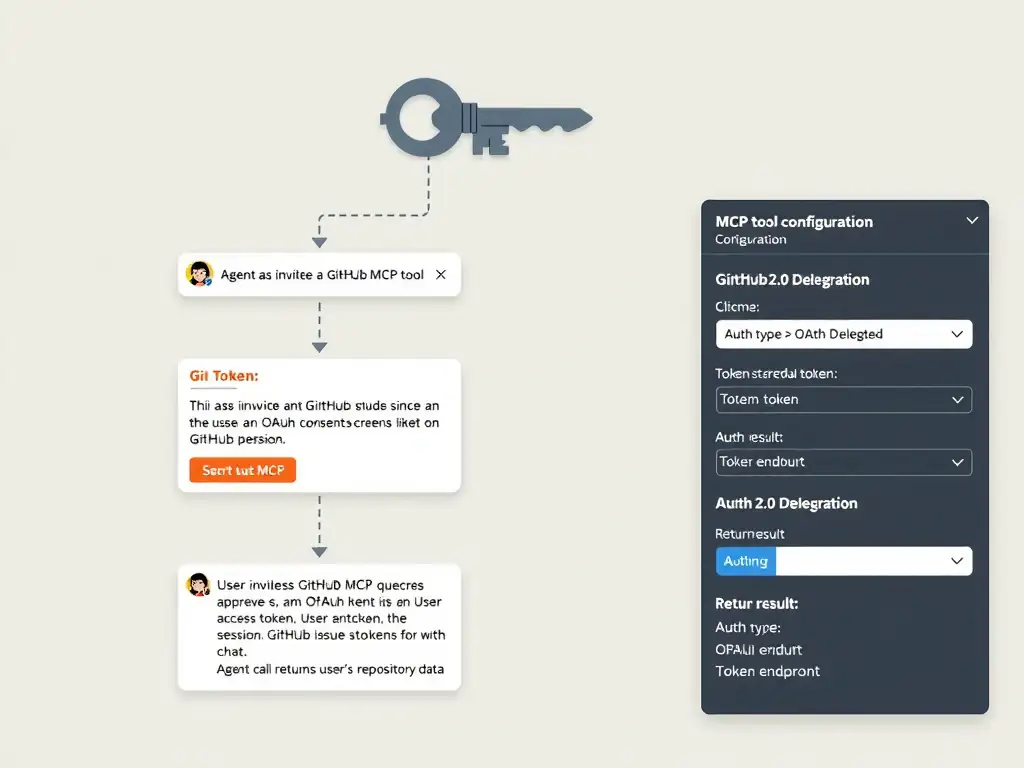 A flow diagram for MCP OAuth authentication. User asks agent a GitHub question. Agent invokes GitHub MCP tool. Since no token exists, an OAuth consent screen appears (GitHub branded). User approves. GitHub issues access token. Token stored for session. Agent calls GitHub MCP with token. GitHub returns user's repository data. Return result shown in chat. A key icon with 'OAuth 2.0 Delegated' label sits above the flow. Side panel shows the MCP tool configuration fields: Auth type = OAuth, Auth endpoint, Token endpoint.